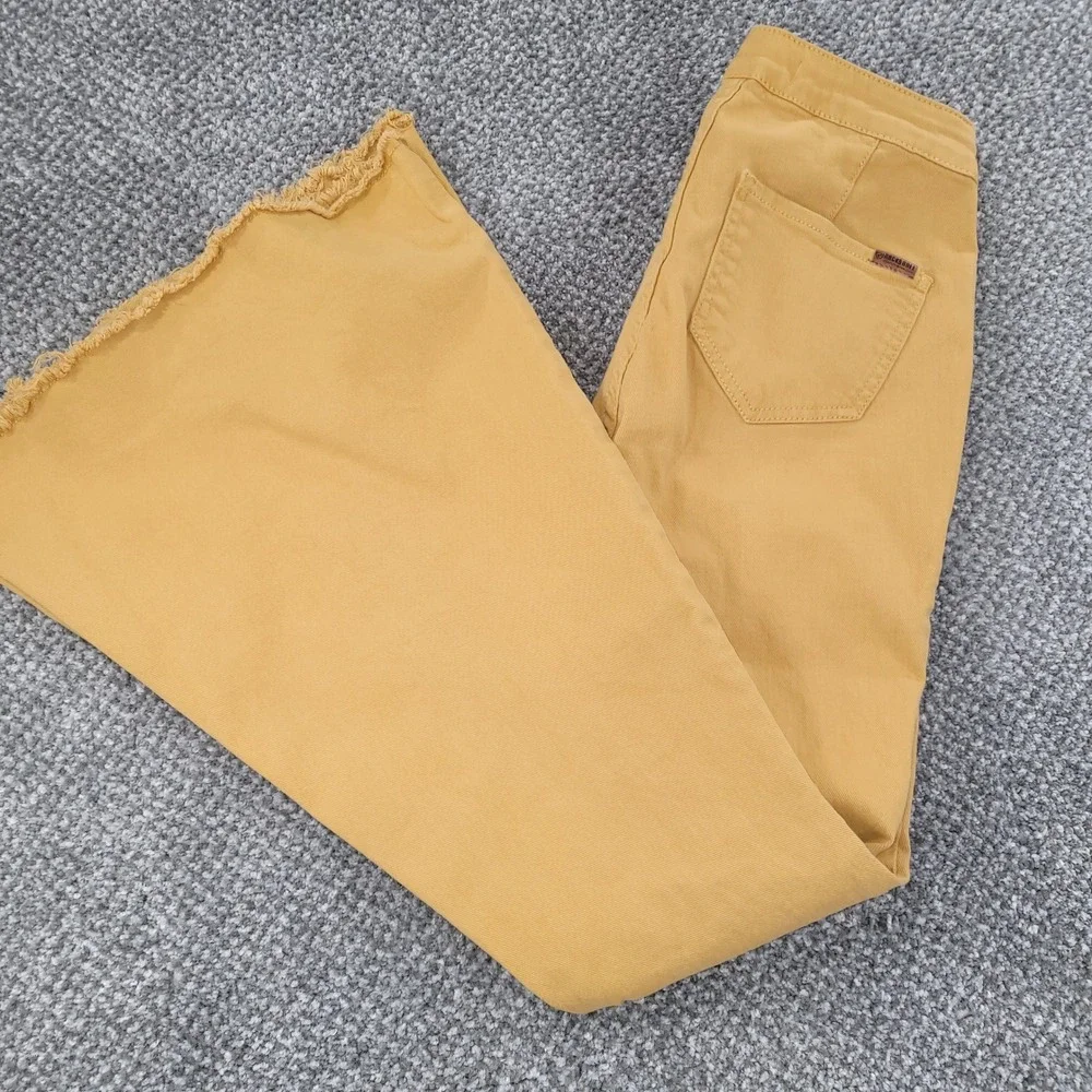 Rock & Roll Denim Mustard Yellow Bargain Button Bell Flare Jeans 29x34 Raw Hem